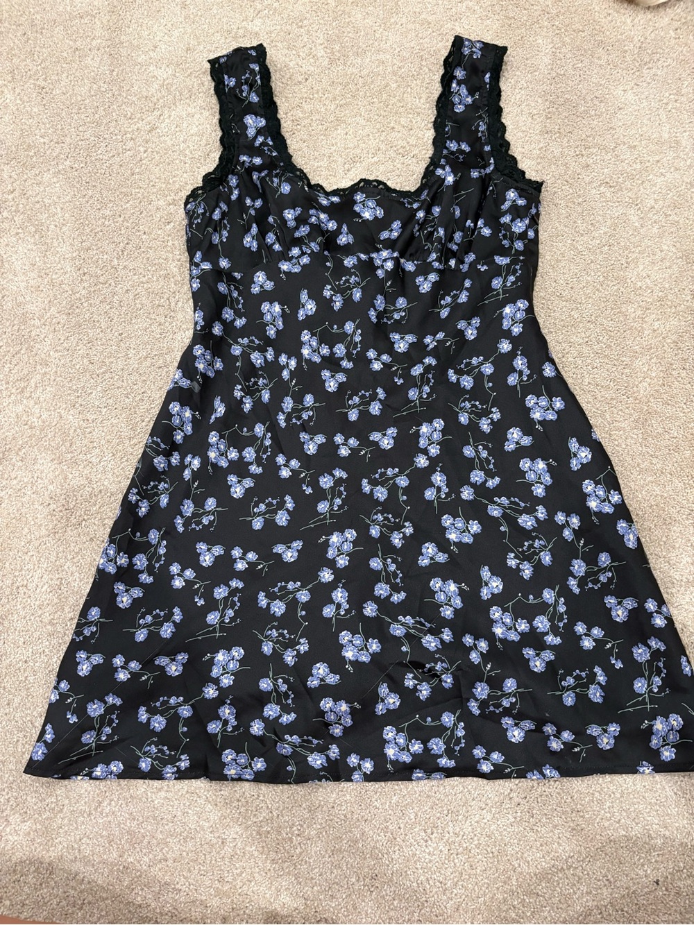 Lace-Trim Mini Slip Dress in Black with Blue Floral